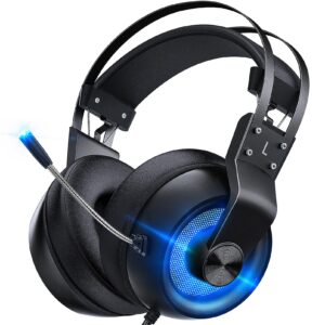 Wired Gaming Headset with Microphone for PC, 50mm Drivers, Inline Volume Control, Over Ear Gaming Headphones with LED, Noise Cancelling Kids Gaming Headsets for Laptop, Computer, PS5, PS4, Xbox One