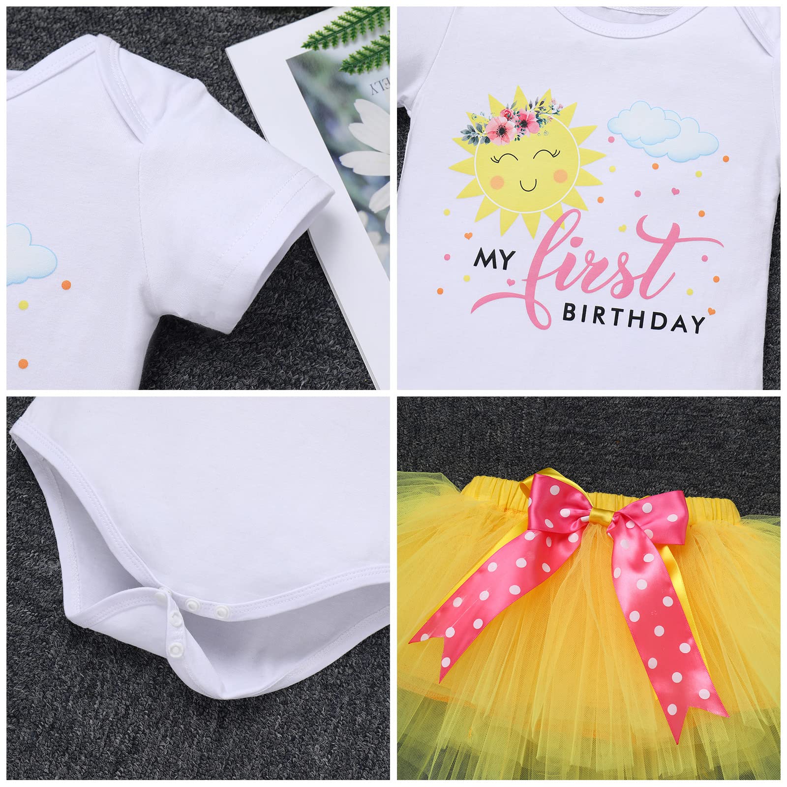 Newborn Infant 1st Birthday You Are My Sunshine Tutu Yellow One Year Party Princess Romper/Headband 3PCS Baptism Christening Dedication Clothes Set Formal Suit Dance Gown Floral-my 1st birthsay 1T