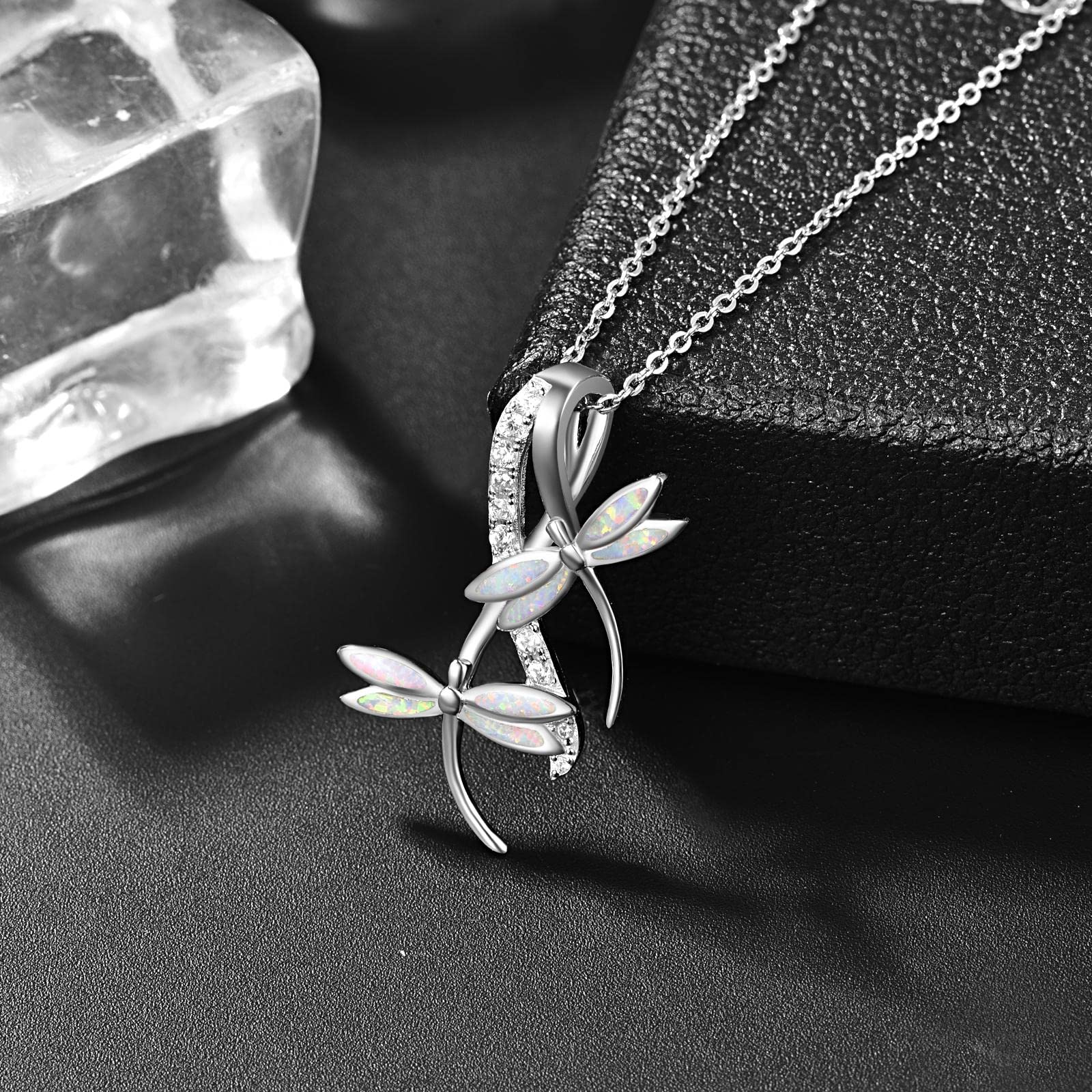 PRAYMOS Dragonfly Necklace 925 Sterling Silver Dreamy Dragonfly Opal Necklace Dragonfly Jewelry Gifts for Women