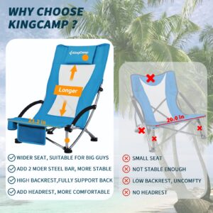 KingCamp Folding Beach Chair 2 Pack High Back Lightweight Portable Backpack Chair with Headrest, Cup Holder for Camping Outdoor Sand Concert Lawn Festival Sports, Blue