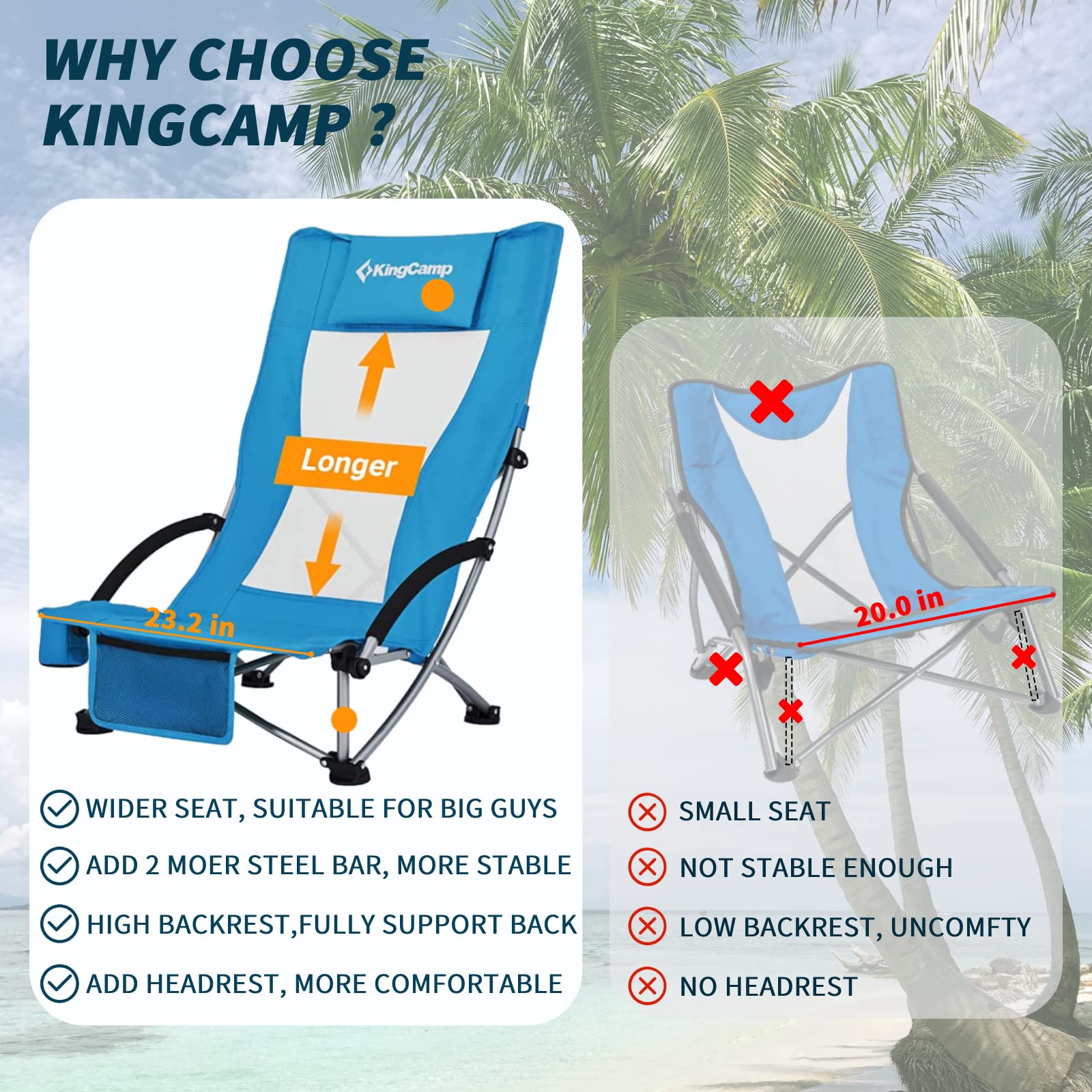 KingCamp Folding Beach Chair 2 Pack High Back Lightweight Portable Backpack Chair with Headrest, Cup Holder for Camping Outdoor Sand Concert Lawn Festival Sports, Blue