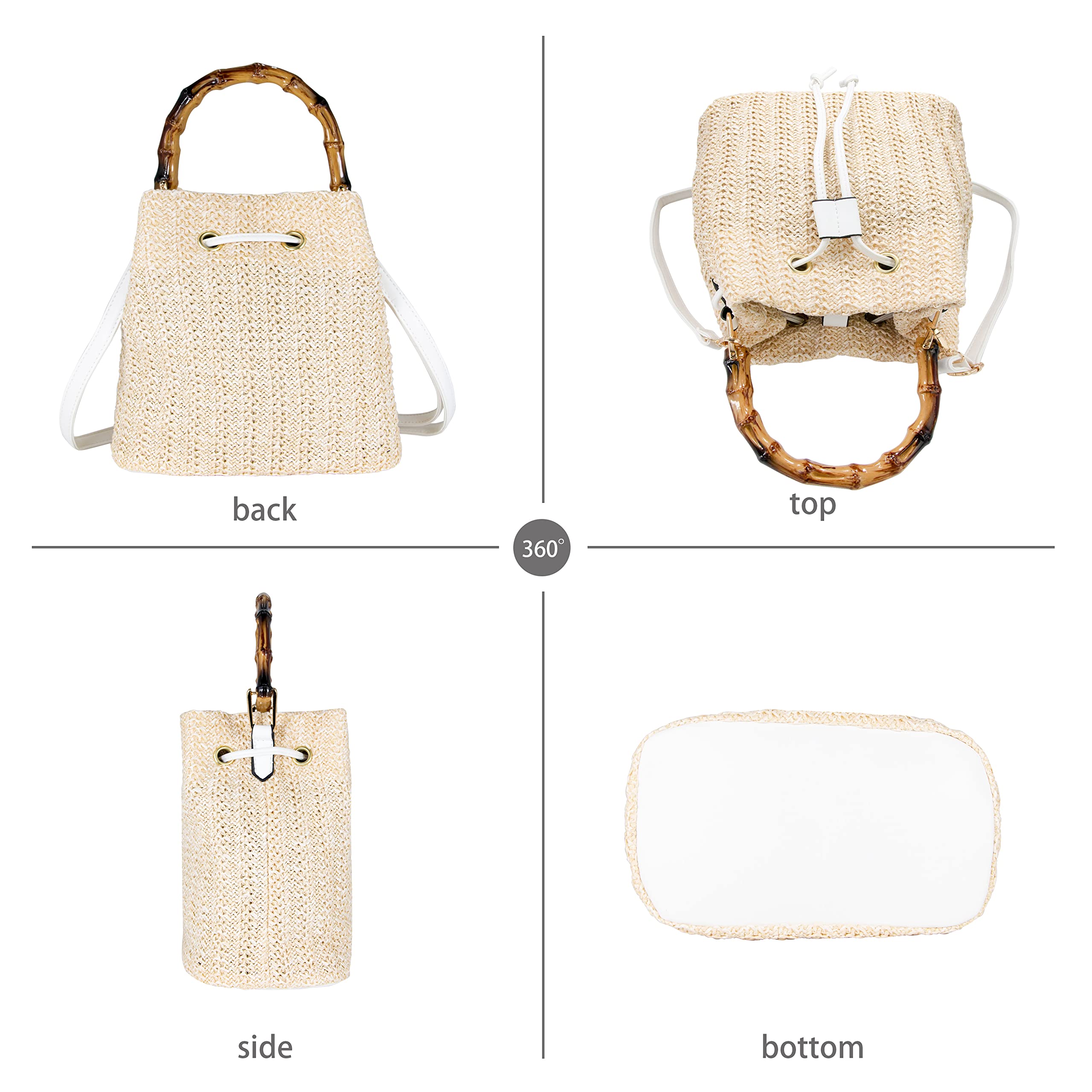 Hirooms Women Beach Bag Summer Straw Woven Shoulder Bag Tote Bag Crossbody Bucket Handbags Handmade Hobo Purse Bamboo Handle (White)