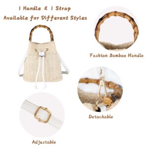 Hirooms Women Beach Bag Summer Straw Woven Shoulder Bag Tote Bag Crossbody Bucket Handbags Handmade Hobo Purse Bamboo Handle (White)