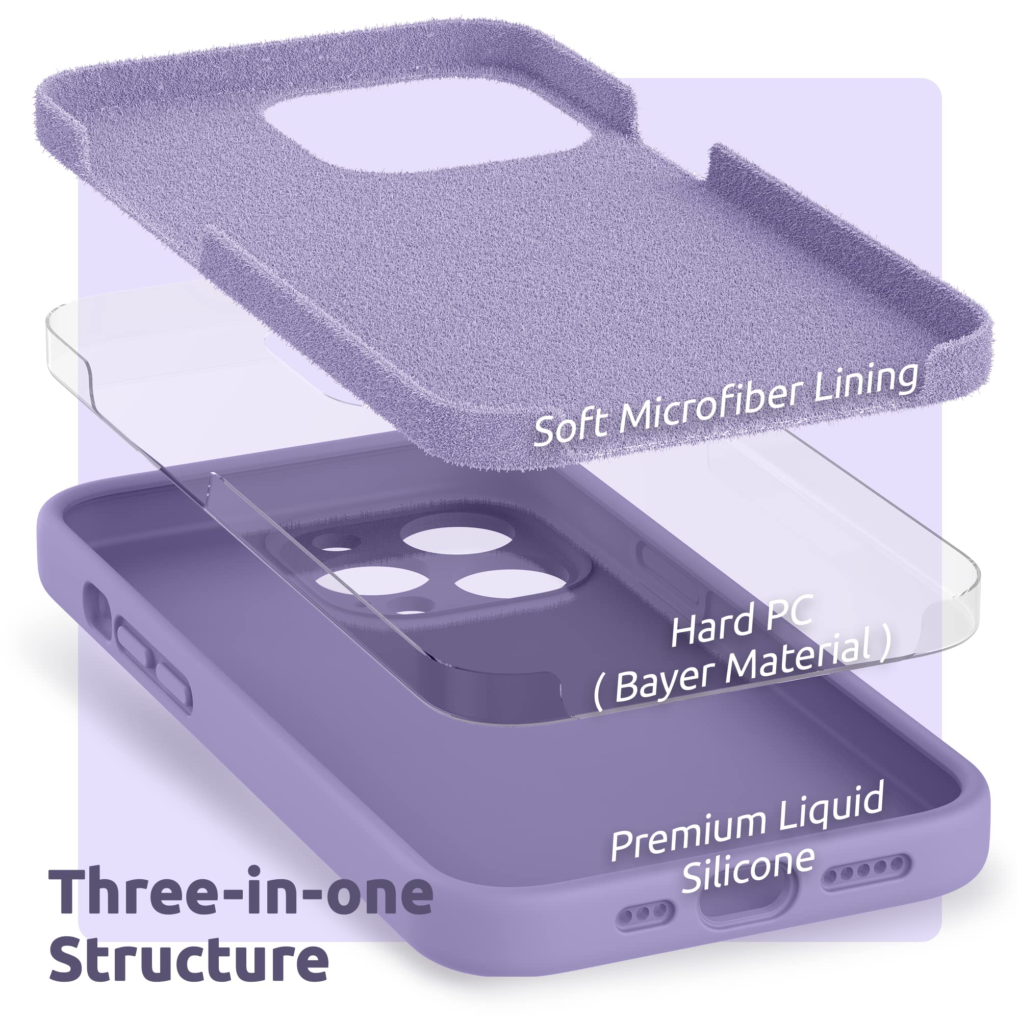 SURPHY Compatible with iPhone 13 Pro Case with Screen Protector, (Camera Protection + Soft Microfiber Lining) Liquid Silicone Phone Case 6.1 inch 2021, Light Purple