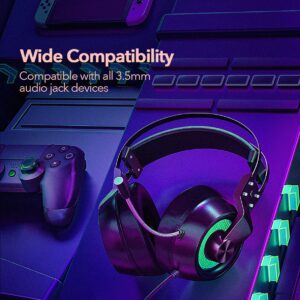 Wired Gaming Headset with Microphone for PC, 50mm Drivers, Inline Volume Control, Over Ear Gaming Headphones with LED, Noise Cancelling Kids Gaming Headsets for Laptop, Computer, PS5, PS4, Xbox One