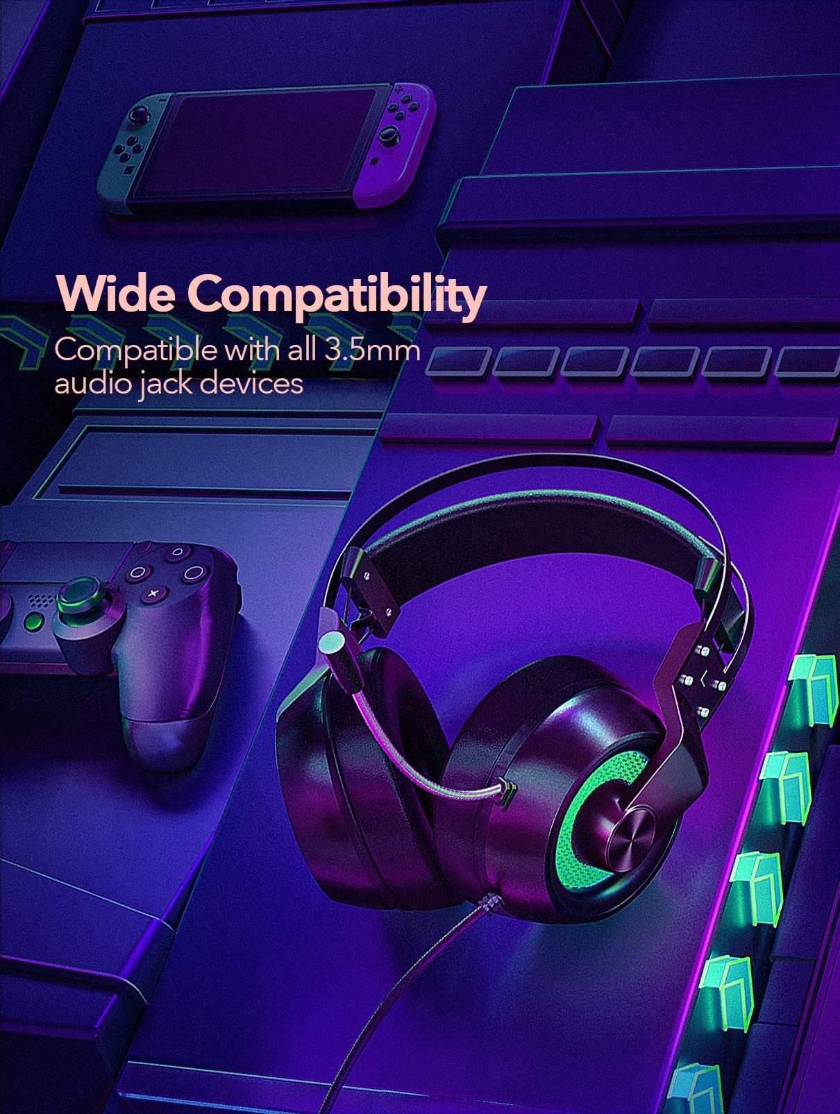 Wired Gaming Headset with Microphone for PC, 50mm Drivers, Inline Volume Control, Over Ear Gaming Headphones with LED, Noise Cancelling Kids Gaming Headsets for Laptop, Computer, PS5, PS4, Xbox One