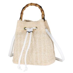 Hirooms Women Beach Bag Summer Straw Woven Shoulder Bag Tote Bag Crossbody Bucket Handbags Handmade Hobo Purse Bamboo Handle (White)