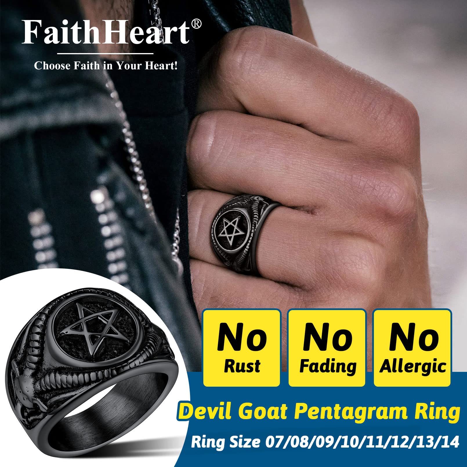 Baphomet Goat Biker Signet Rings Women Black Stainless Steel Satan Inverted Pentacle Pinky Finger Jewelry