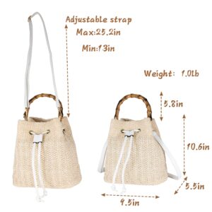 Hirooms Women Beach Bag Summer Straw Woven Shoulder Bag Tote Bag Crossbody Bucket Handbags Handmade Hobo Purse Bamboo Handle (White)