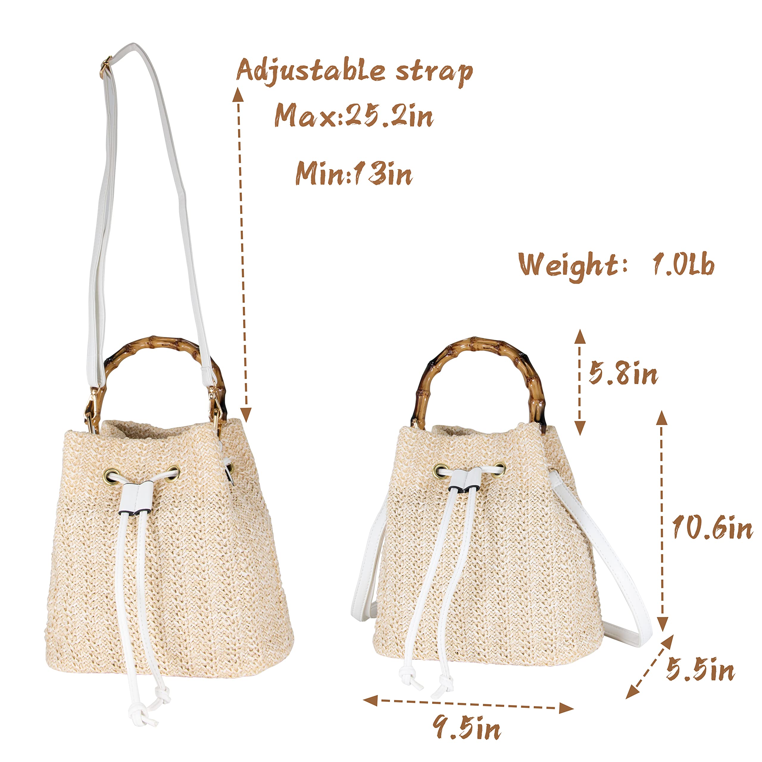 Hirooms Women Beach Bag Summer Straw Woven Shoulder Bag Tote Bag Crossbody Bucket Handbags Handmade Hobo Purse Bamboo Handle (White)