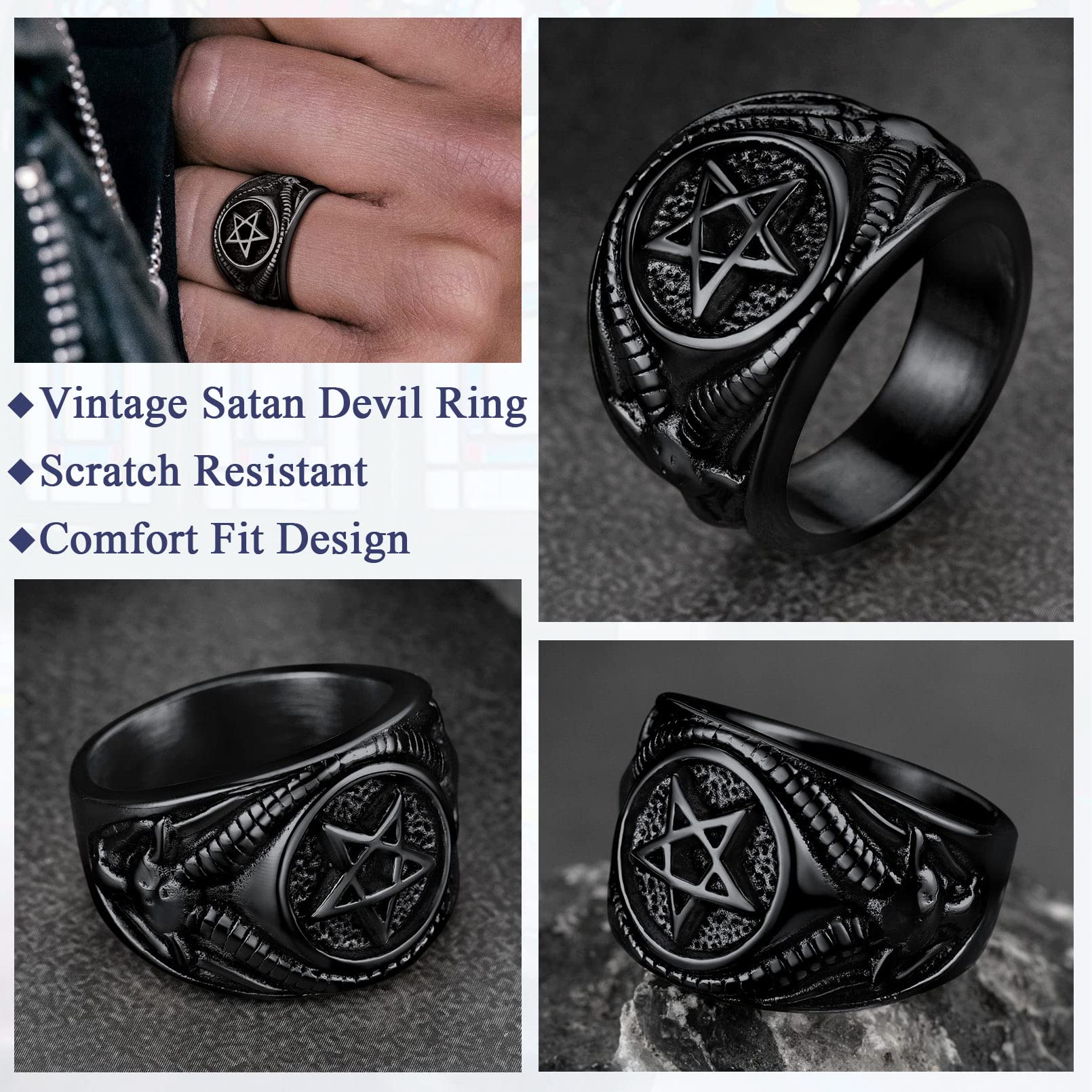 Baphomet Goat Biker Signet Rings Women Black Stainless Steel Satan Inverted Pentacle Pinky Finger Jewelry