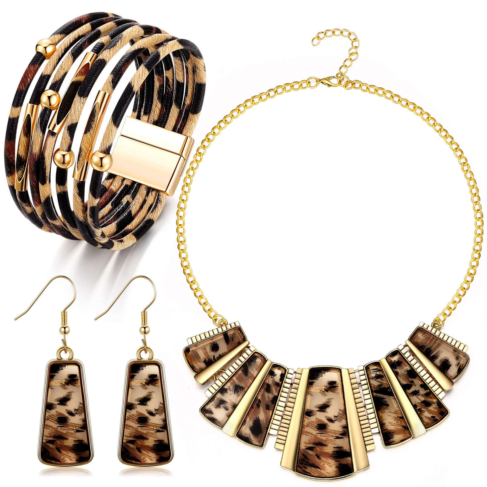 3 Pieces Leopard Necklace Earrings Bracelets Jewelry Set Women Bohemia Leopard Print Bib Chain Necklace Bracelet Print Jewelry Multi Layer PU Leather Wrist Cuff Wrap Bracelet Leopard Gift Accessories