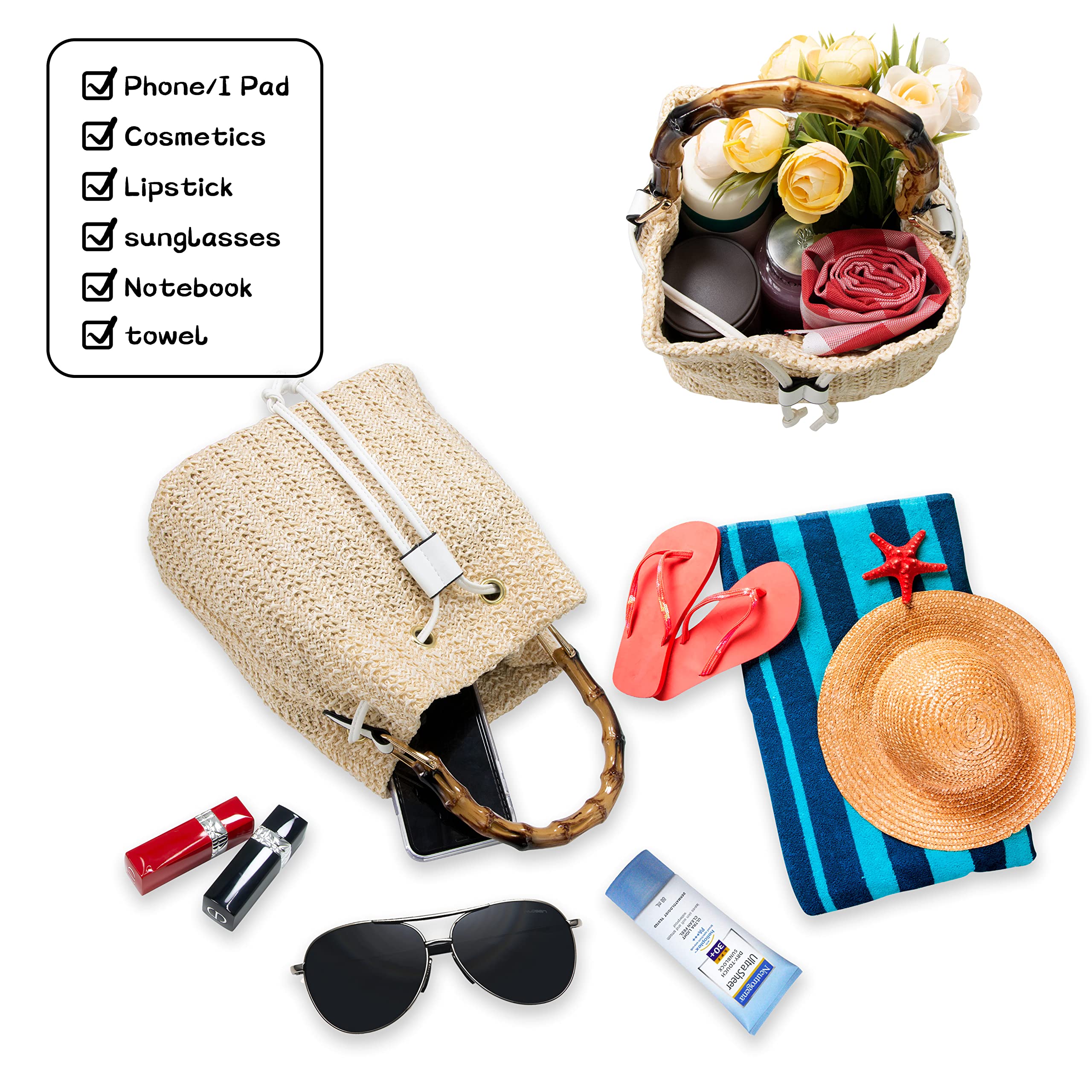 Hirooms Women Beach Bag Summer Straw Woven Shoulder Bag Tote Bag Crossbody Bucket Handbags Handmade Hobo Purse Bamboo Handle (White)