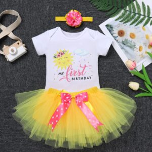 Newborn Infant 1st Birthday You Are My Sunshine Tutu Yellow One Year Party Princess Romper/Headband 3PCS Baptism Christening Dedication Clothes Set Formal Suit Dance Gown Floral-my 1st birthsay 1T