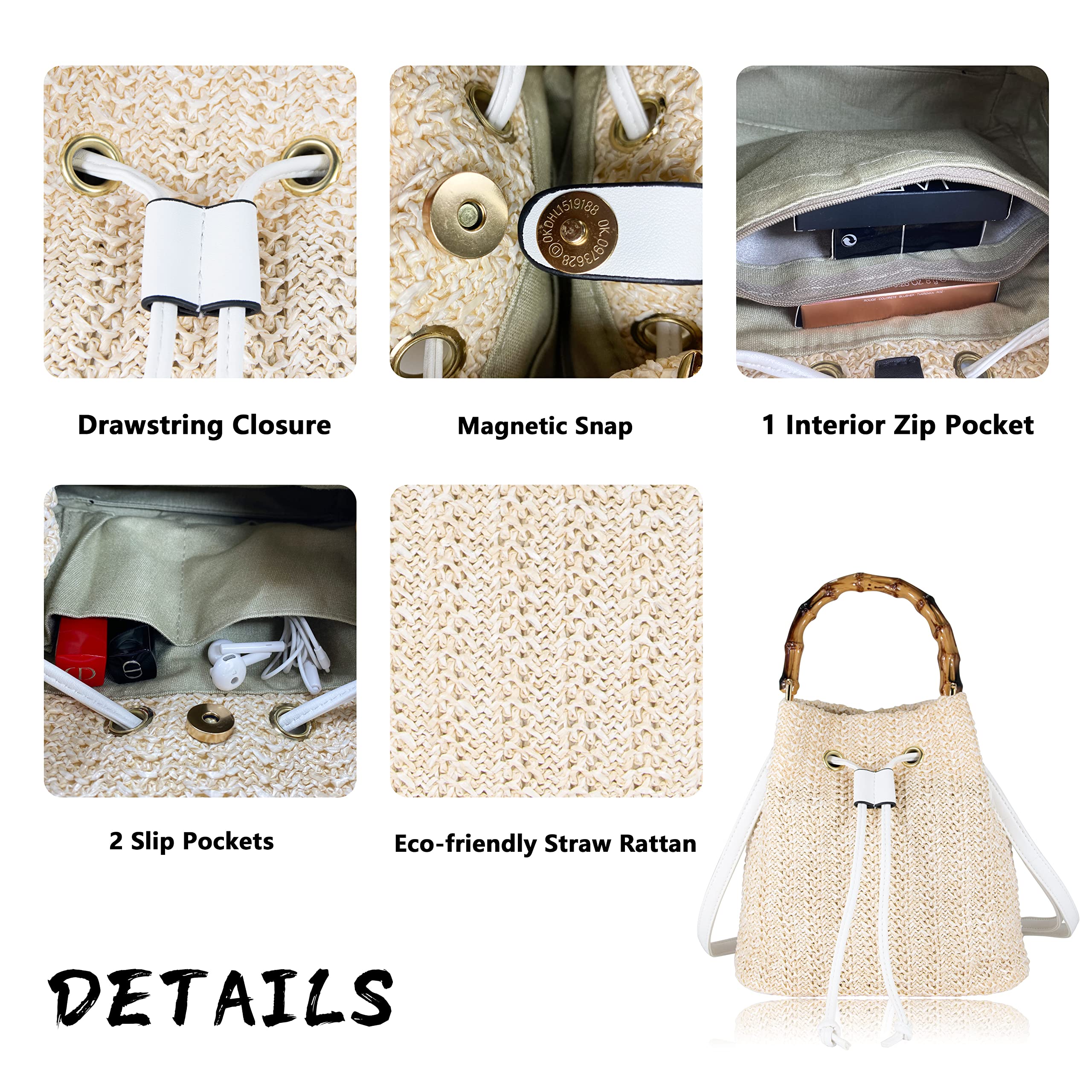 Hirooms Women Beach Bag Summer Straw Woven Shoulder Bag Tote Bag Crossbody Bucket Handbags Handmade Hobo Purse Bamboo Handle (White)