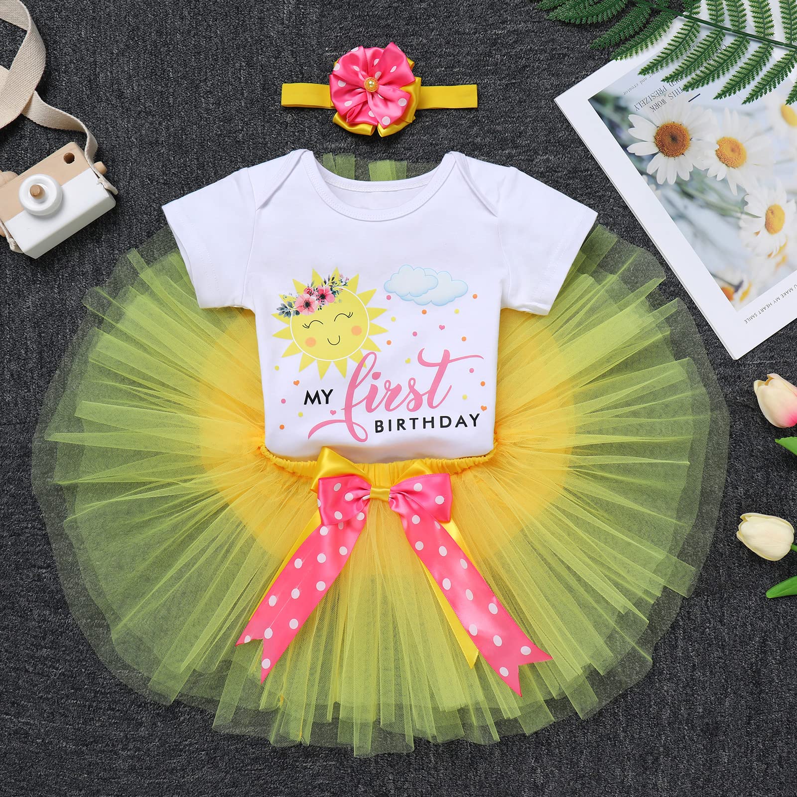 Newborn Infant 1st Birthday You Are My Sunshine Tutu Yellow One Year Party Princess Romper/Headband 3PCS Baptism Christening Dedication Clothes Set Formal Suit Dance Gown Floral-my 1st birthsay 1T