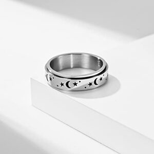 WLPCIV Stainless Steel Spinner Ring for Women Men Fidget Bands Anxiety Rings Relieving Stress Moon Star Engagement Wedding Promise Band Rings, Silver Size 6