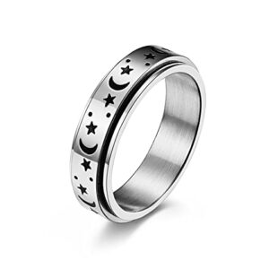 WLPCIV Stainless Steel Spinner Ring for Women Men Fidget Bands Anxiety Rings Relieving Stress Moon Star Engagement Wedding Promise Band Rings, Silver Size 6