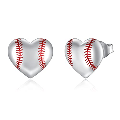 925 Sterling Silver Heart Volleyball Basketball Softball Baseball Stud Earrings Hypoallergenic Jewelry Gifts for Women Players (Softball/Baseball)