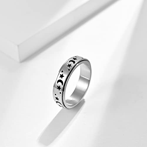 WLPCIV Stainless Steel Spinner Ring for Women Men Fidget Bands Anxiety Rings Relieving Stress Moon Star Engagement Wedding Promise Band Rings, Silver Size 6