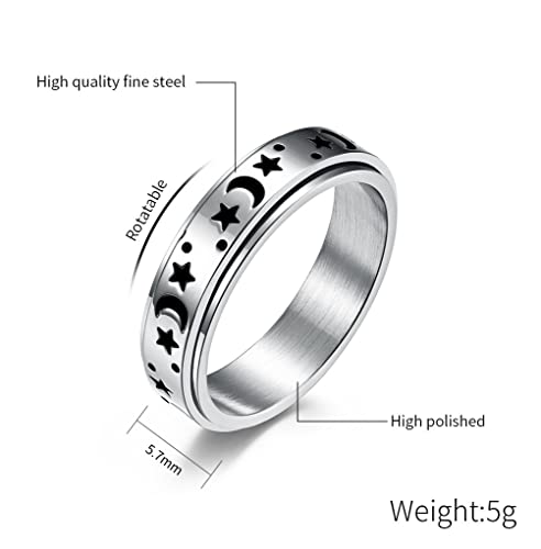 WLPCIV Stainless Steel Spinner Ring for Women Men Fidget Bands Anxiety Rings Relieving Stress Moon Star Engagement Wedding Promise Band Rings, Silver Size 6