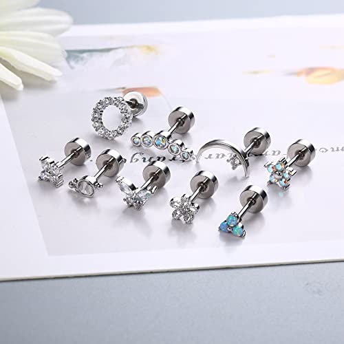 Florideco 9Pcs 16G Cartilage Stud Earring for Women 316L Stainless Steel Screw Flat Back Earrings Butterfly Moon Flower Crawler Helix Tragus Daith Piercing Jewelry Sliver