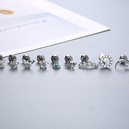 Florideco 9Pcs 16G Cartilage Stud Earring for Women 316L Stainless Steel Screw Flat Back Earrings Butterfly Moon Flower Crawler Helix Tragus Daith Piercing Jewelry Sliver