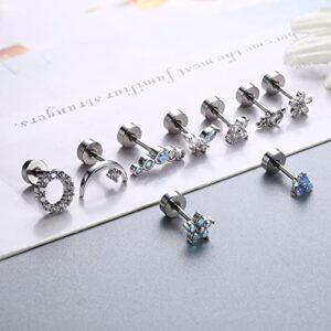 Florideco 9Pcs 16G Cartilage Stud Earring for Women 316L Stainless Steel Screw Flat Back Earrings Butterfly Moon Flower Crawler Helix Tragus Daith Piercing Jewelry Sliver