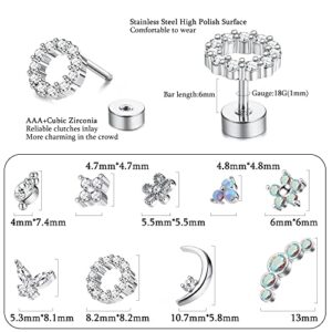 Florideco 9Pcs 16G Cartilage Stud Earring for Women 316L Stainless Steel Screw Flat Back Earrings Butterfly Moon Flower Crawler Helix Tragus Daith Piercing Jewelry Sliver