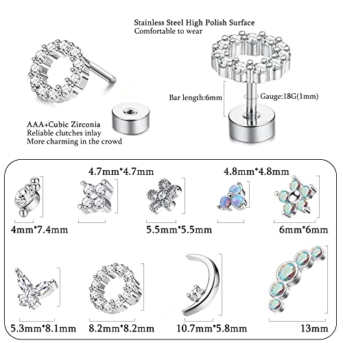 Florideco 9Pcs 16G Cartilage Stud Earring for Women 316L Stainless Steel Screw Flat Back Earrings Butterfly Moon Flower Crawler Helix Tragus Daith Piercing Jewelry Sliver