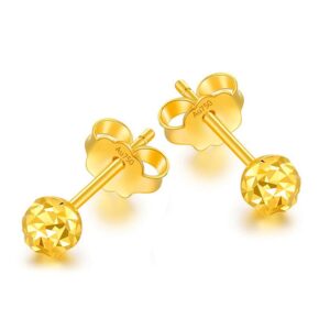 solid 18k gold ball stud earrings for women real gold, dainty diamond-cut yellow bead push back tiny gift for lady, rose gold with certificate fine bride jewelry birthday wedding prom party, 5mm