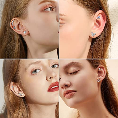 Florideco 9Pcs 16G Cartilage Stud Earring for Women 316L Stainless Steel Screw Flat Back Earrings Butterfly Moon Flower Crawler Helix Tragus Daith Piercing Jewelry Sliver