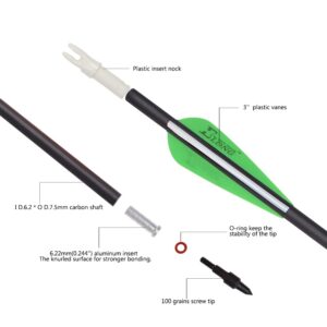 Archery Bow Carbon Arrow Hunting Target Practice Arrows 26 Inch with Removable Tips for Compound & Recurve Bow Spine 500 12PCS Pack