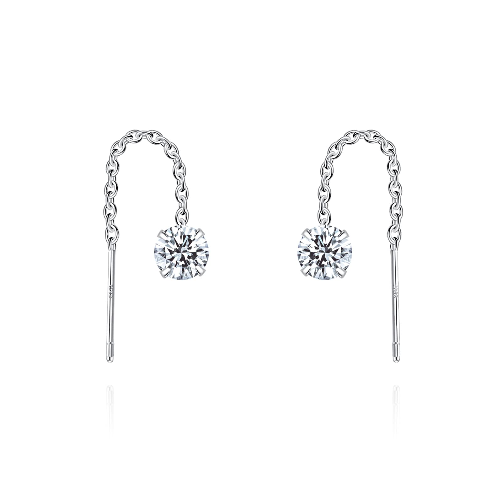 Threader Earrings 925 Silver CZ Drop Pull Through Chain Ear Line Cubic Zirconia Dangle Earrings For Women White