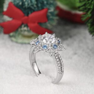 Jeulia Shining Winter Snowflake Ring Sterling Silver Round Cut Split Shank White/Blue Winter Accessory Sparkle Christmas Gem Fine diamond Jewelry Ring engagement Anniversary wedding Bridal Set (White-Blue, 8.5)