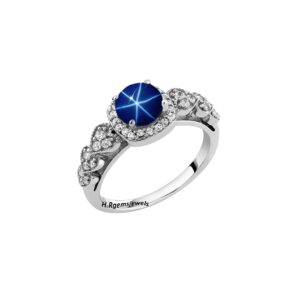 HRG Blue Star Sapphire Ring Round Cabochon Ring Wedding Ring Women Ring 925 Sterling Silver Ring Lab (Rose Gold Plated Silver, 6.5)