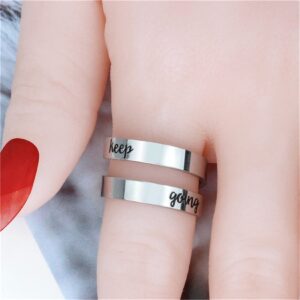 Yifnny Engraved Open Ring, Stainless Steel Adjustable Wrap Ring Inspirational Ring Engraved Keep Going Personality Encouragement Gifts Ring for Women Men (Keep Going-Silver)