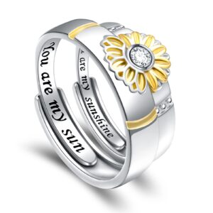 Matching Sunflower Promise Sterling Silver Rings for Couples You Are My Sun Sunshine Engagement Wedding Ring Band Sets for Him and Her