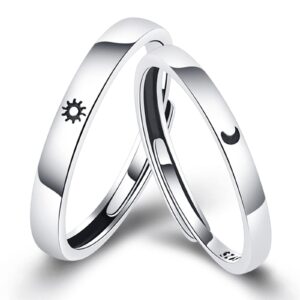 2 pcs couple rings silver sun moon rings for his hers wave matching rings set long distance relationship rings adjustable promise rings for best friends(2 pcs couple rings b)