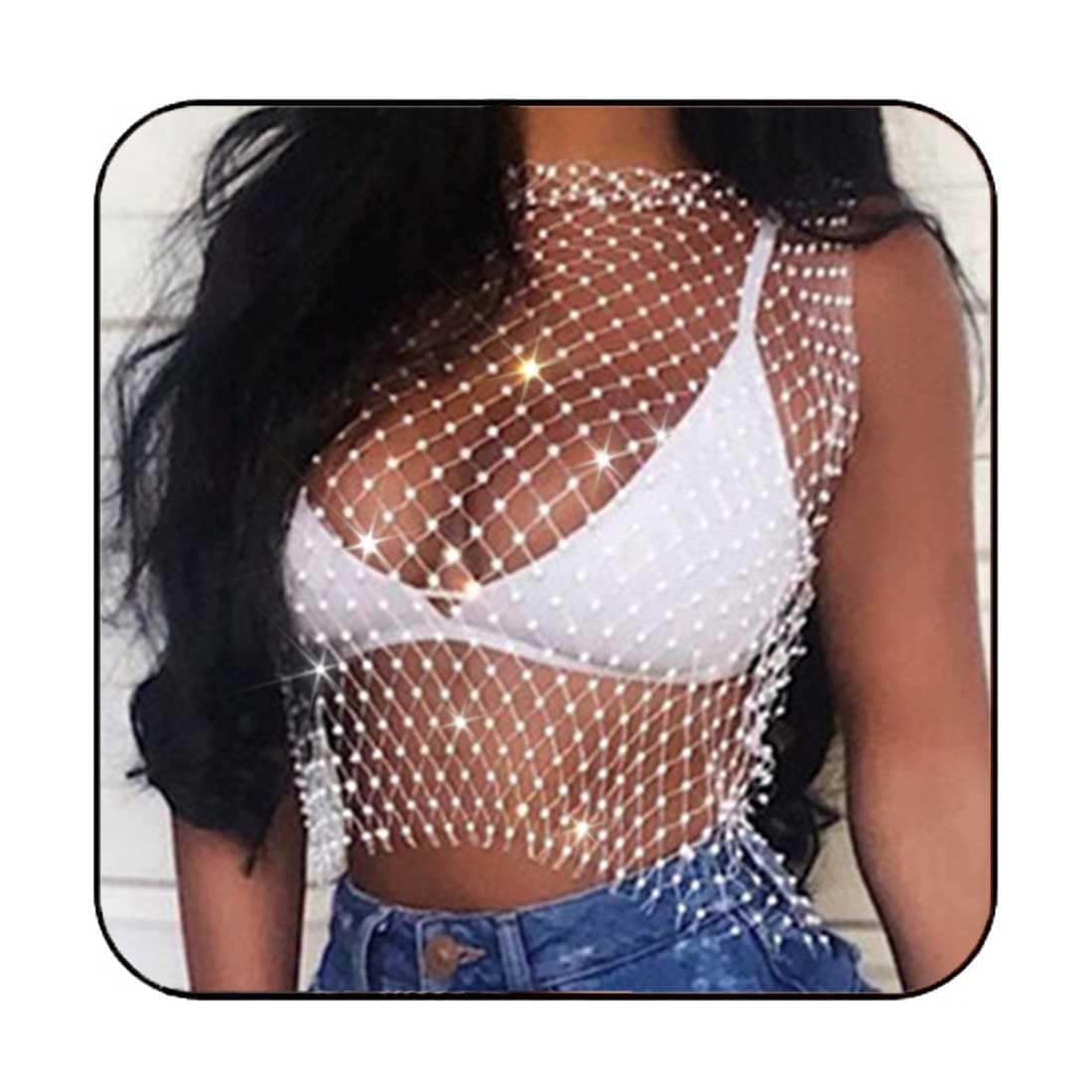 DRESBE Rhinestone Mesh Body Chains Hollow Tank Tops Bikini Crop Top Party Body Jewelry Accessories for Women (White-O Neck-M)