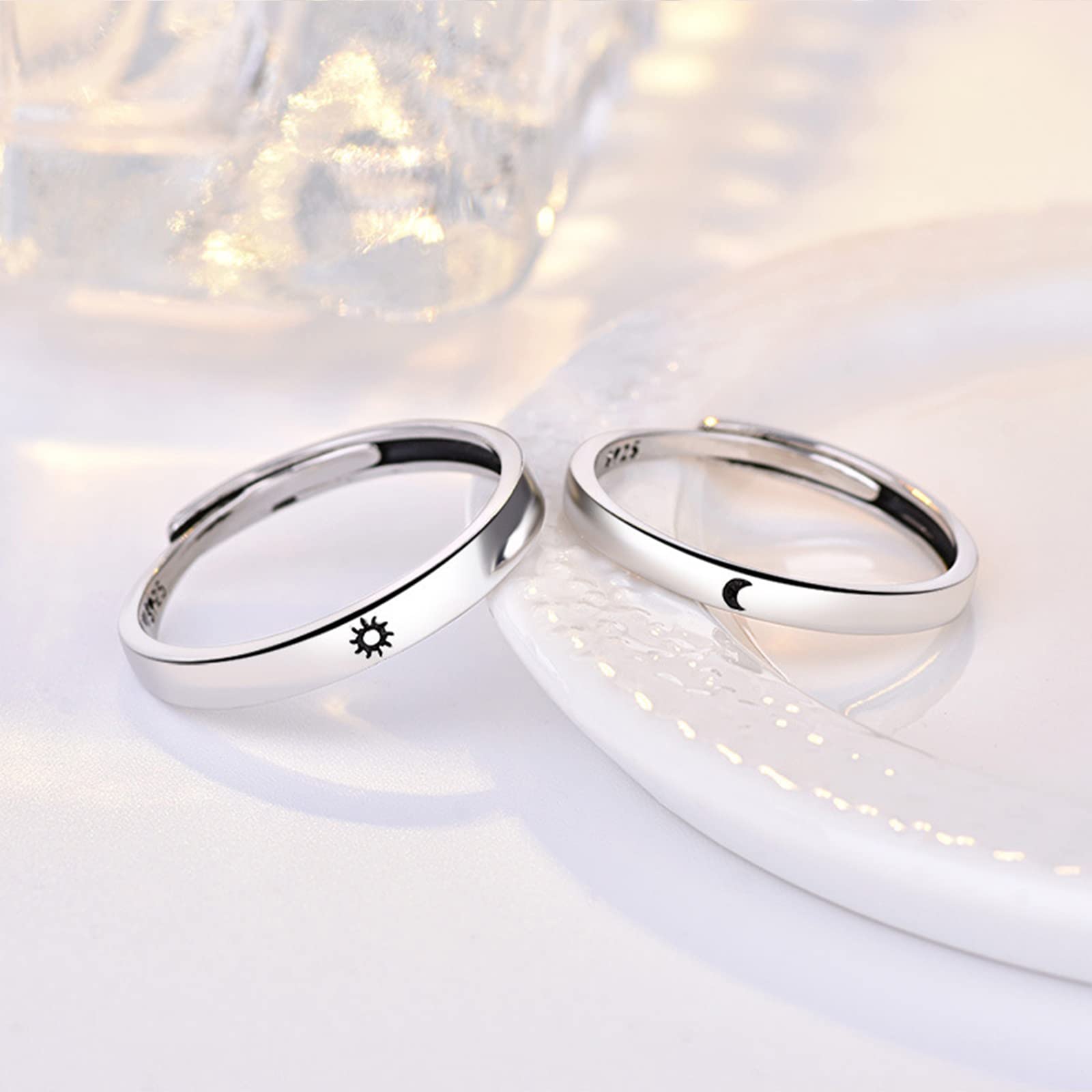 2 Pcs Couple Rings Silver Sun Moon Rings for His Hers Wave Matching Rings Set Long Distance Relationship Rings Adjustable Promise Rings for Best Friends(2 Pcs Couple Rings B)