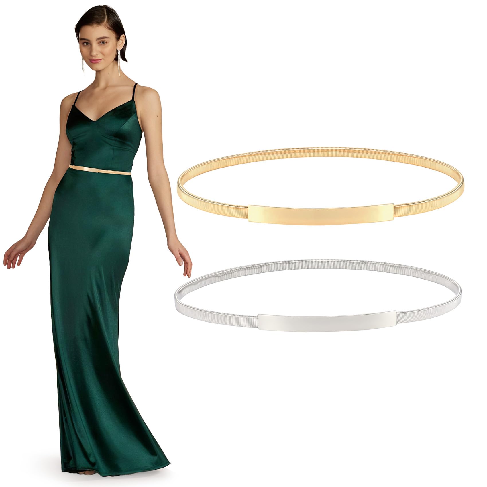 XZQTIVE 2 Pieces Women Skinny Metal Chain Waist Belt Stretchy Saree Cinch Belt for Dress Gold Sliver (00 Gold, Fit waist 30-33 in)