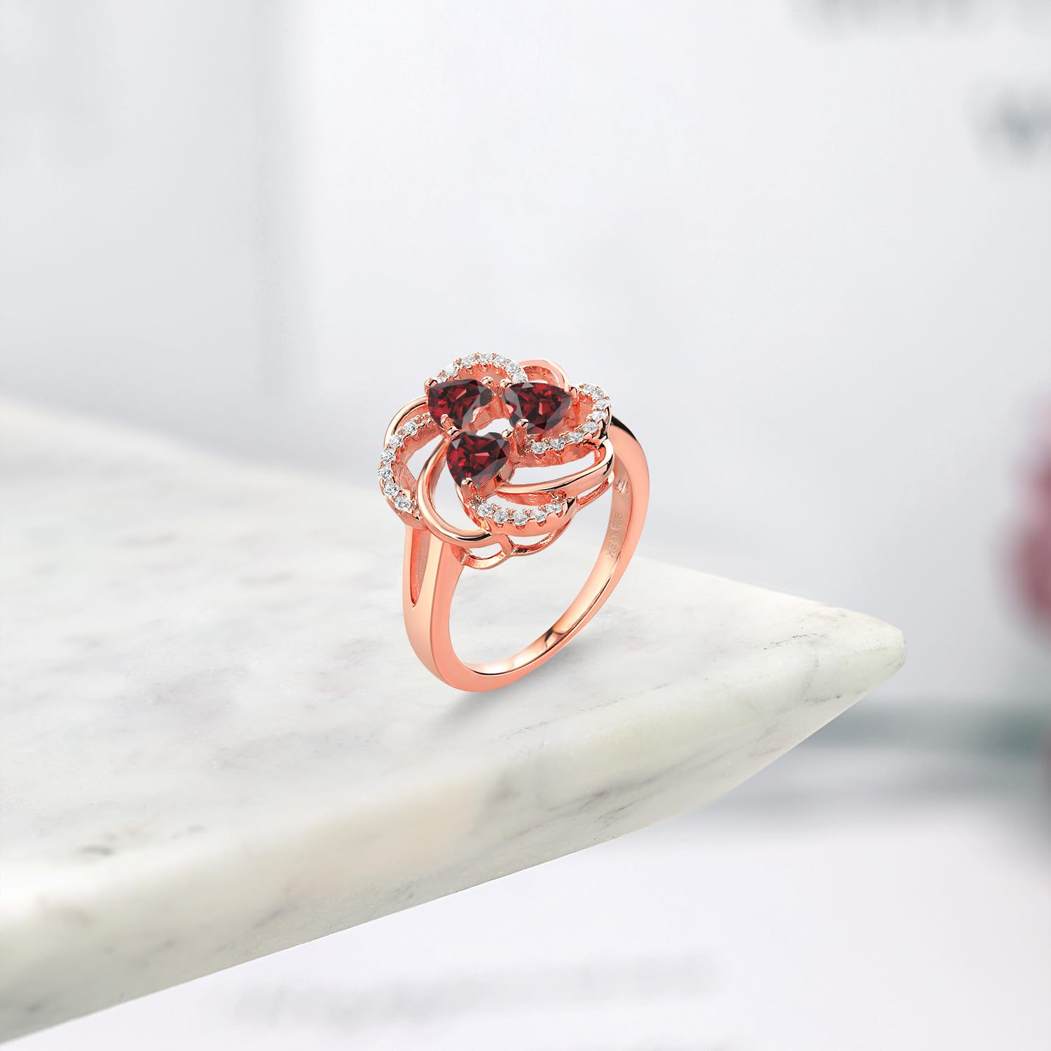 Gem Stone King 18K Rose Gold Plated Silver 4MM Heart Shape Gemstone Birthstone 3-Stone Ring | Three Stone Wedding Engagement Anniversary Promise Ring For Women