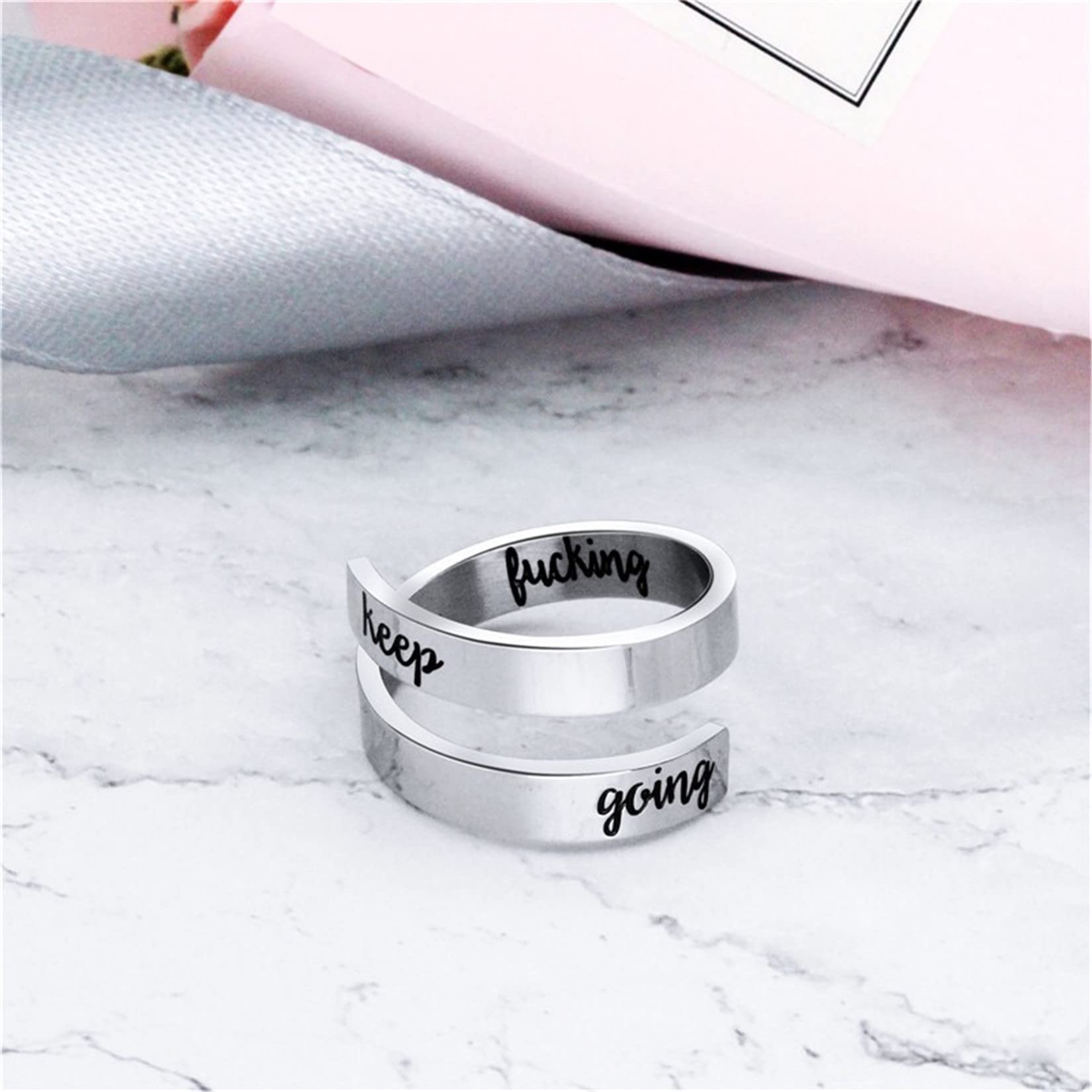 Yifnny Engraved Open Ring, Stainless Steel Adjustable Wrap Ring Inspirational Ring Engraved Keep Going Personality Encouragement Gifts Ring for Women Men (Keep Going-Silver)