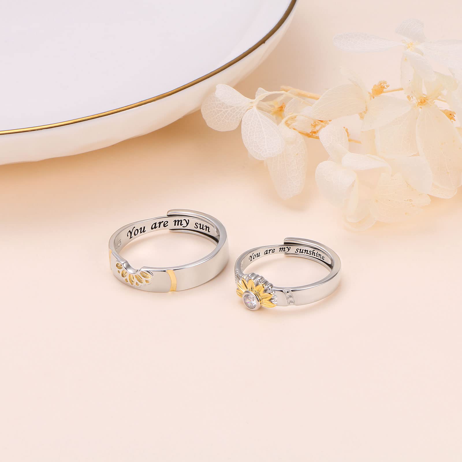 Matching Sunflower Promise Sterling Silver Rings for Couples You Are My Sun Sunshine Engagement Wedding Ring Band Sets for Him and Her