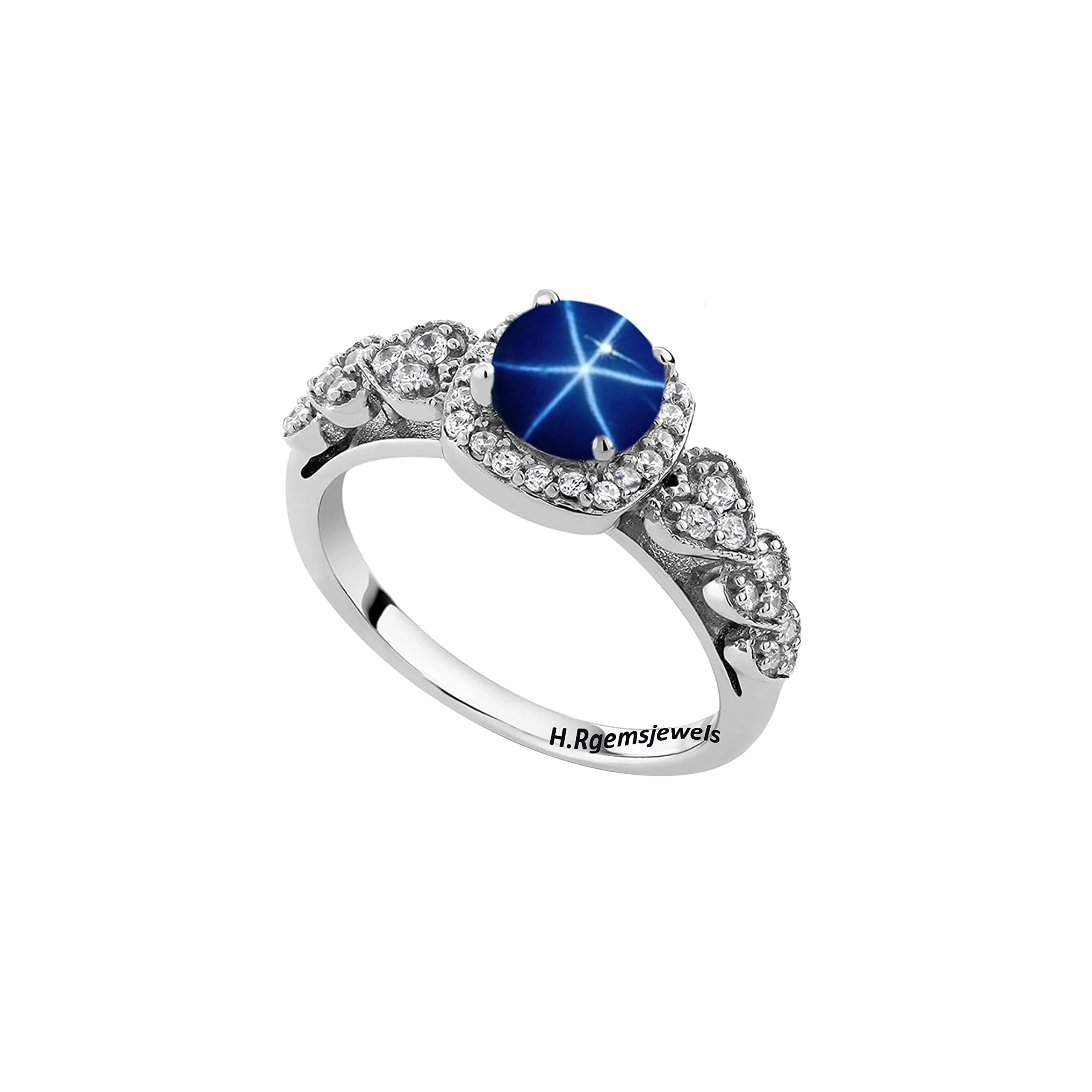 HRG Blue Star Sapphire Ring Round Cabochon Ring Wedding Ring Women Ring 925 Sterling Silver Ring Lab (Rose Gold Plated Silver, 6.5)