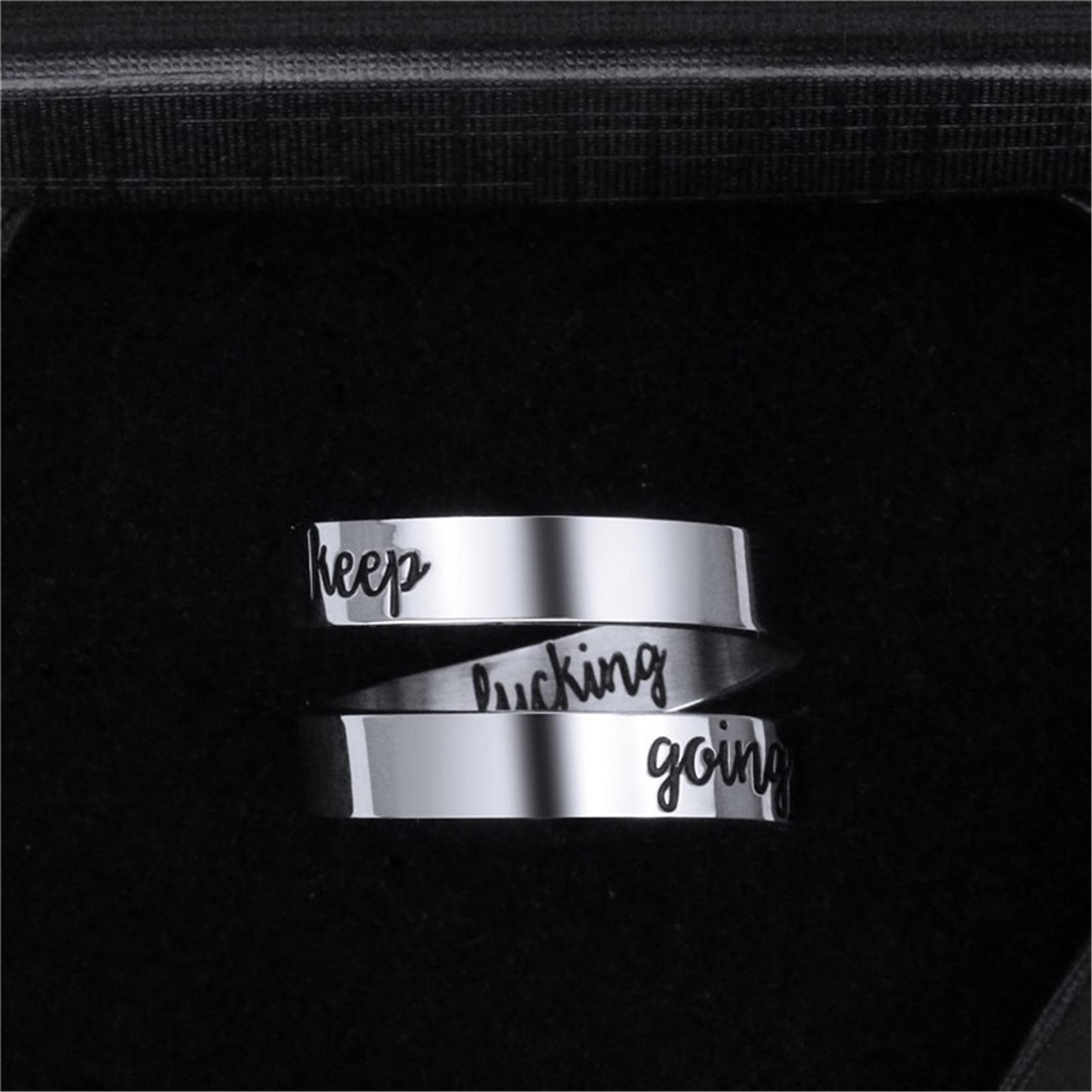 Yifnny Engraved Open Ring, Stainless Steel Adjustable Wrap Ring Inspirational Ring Engraved Keep Going Personality Encouragement Gifts Ring for Women Men (Keep Going-Silver)