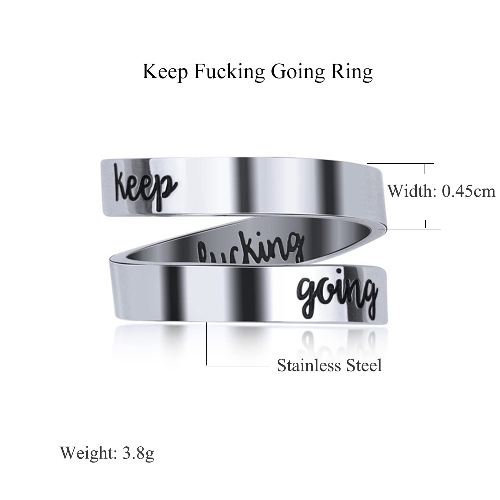 Yifnny Engraved Open Ring, Stainless Steel Adjustable Wrap Ring Inspirational Ring Engraved Keep Going Personality Encouragement Gifts Ring for Women Men (Keep Going-Silver)