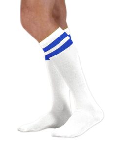 neon nation unisex calf knee high team tube white socks with various colored stripes (white w/pink stripes) (white w/royal blue stripes)