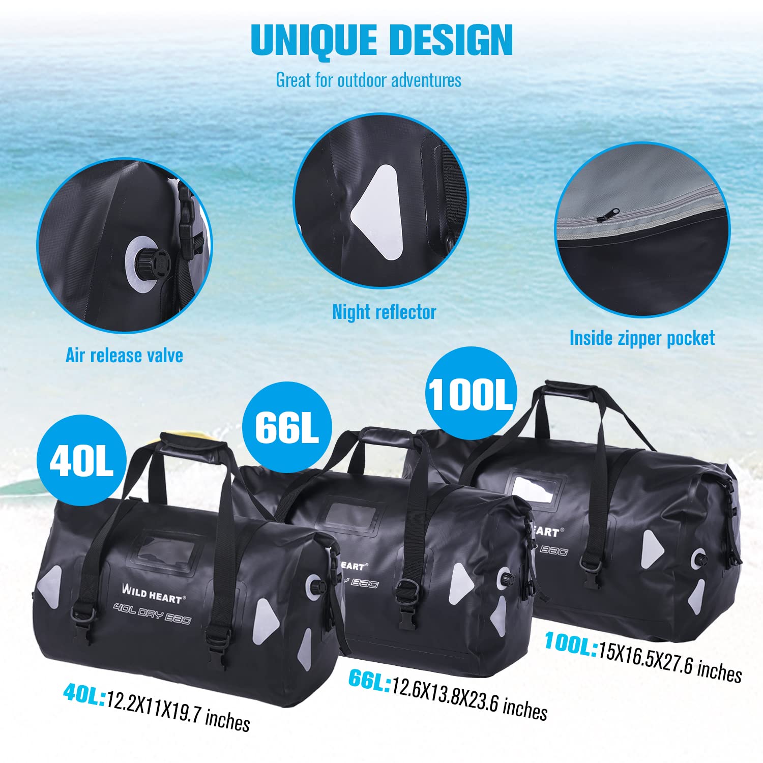 WILD HEART Waterproof Motorcycle Duffel Bag PVC500D With Rope Straps and Inner Pocket 40L 66L 100L for Kayaking, Camping, Boating,Motorcycle